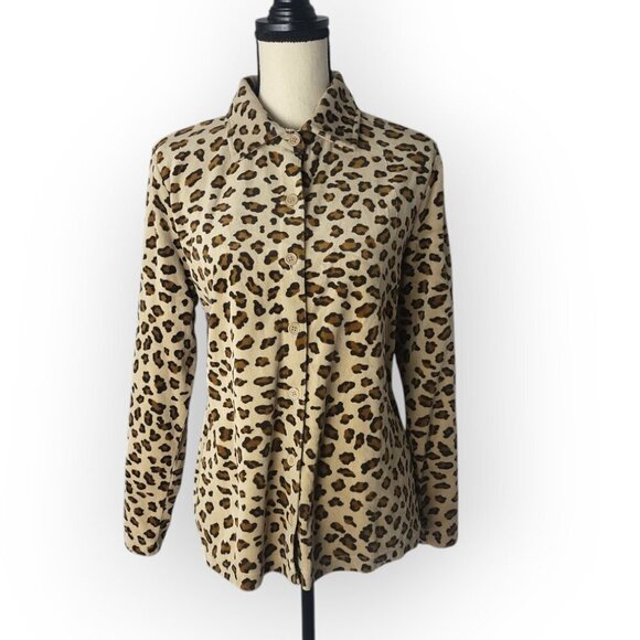 Vintage 70s Pappagallo Camel Black\Brown Leopard Print Button Down Blouse M - Picture 1 of 6